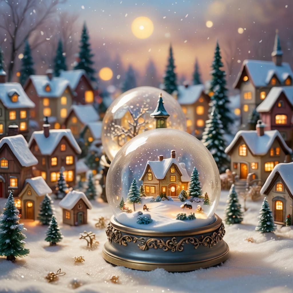 Winter Village in Snowglobe as Oil Painting