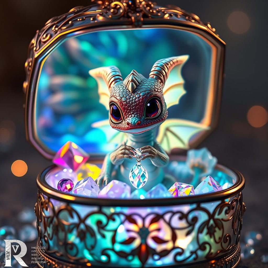 Iridescent Baby Dragon in Jeweled Box, Digital Art