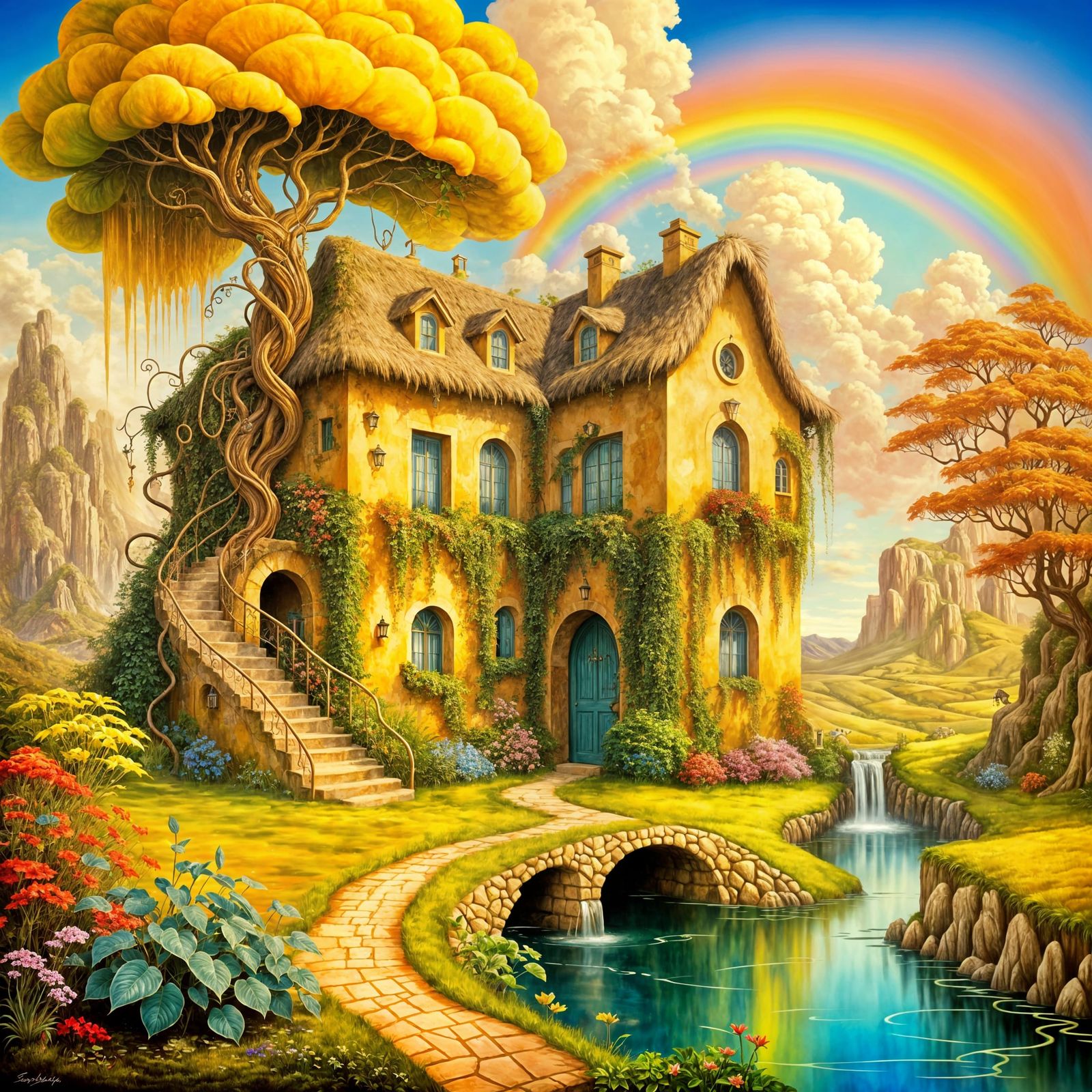 Whimsical Fantasy Cottage in a Surreal Landscape