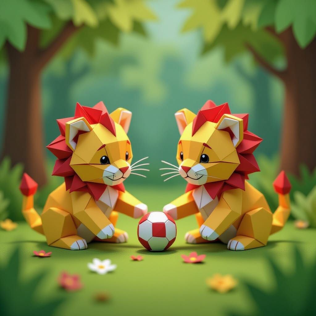 Origami Lion Cubs Playing in Whimsical Forest