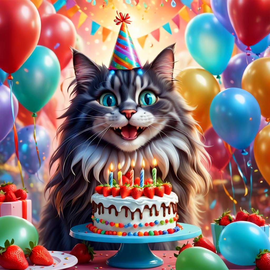 Happy Cat with Birthday Cake: Fantasy Digital Art