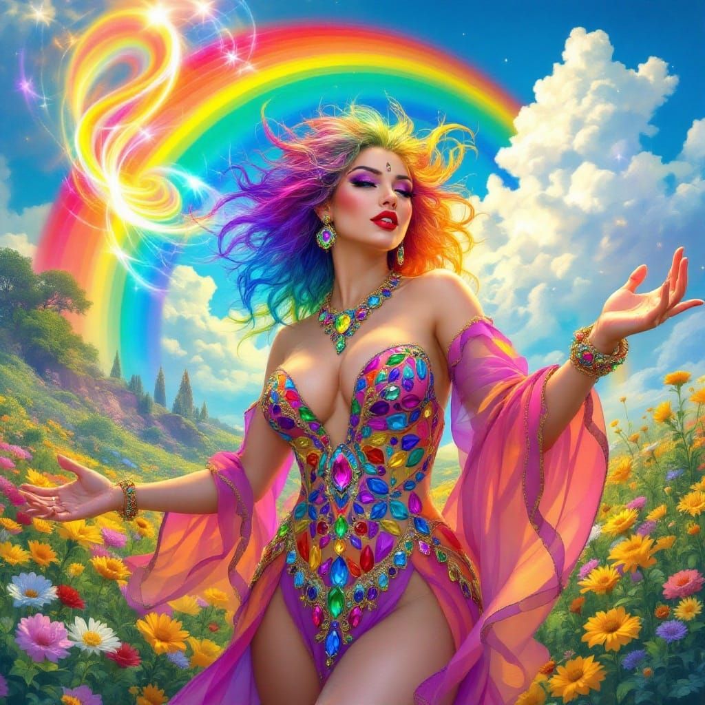 Rainbow Enchantress in Flower Field, Art Nouveau Style