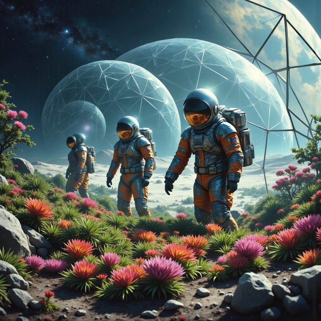Lunar Biodome: Astronauts Cultivating Alien Flora