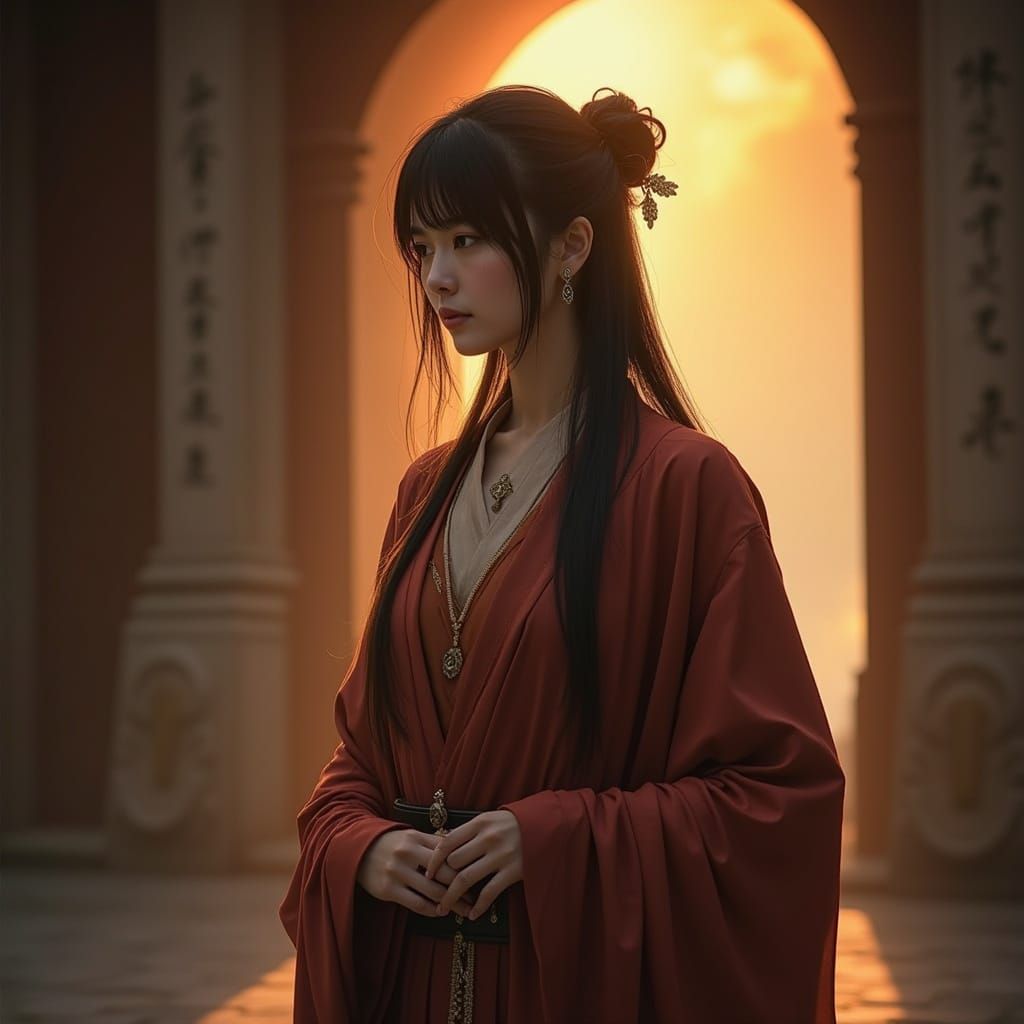 Asian Woman in Religious Robes at Dawn Shrine