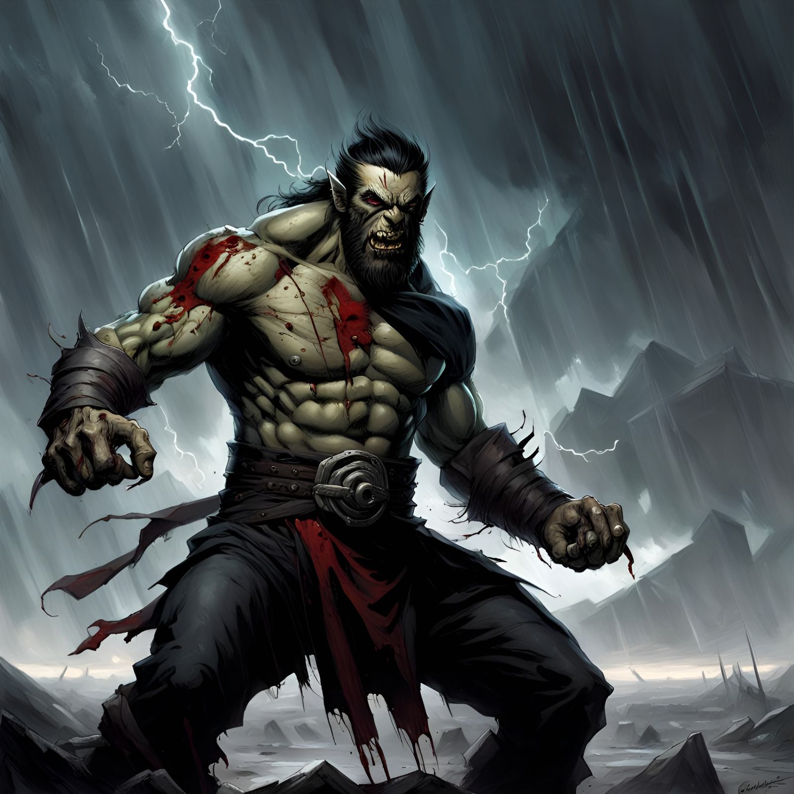 Fearsome Orc Warrior in Thunderstorm