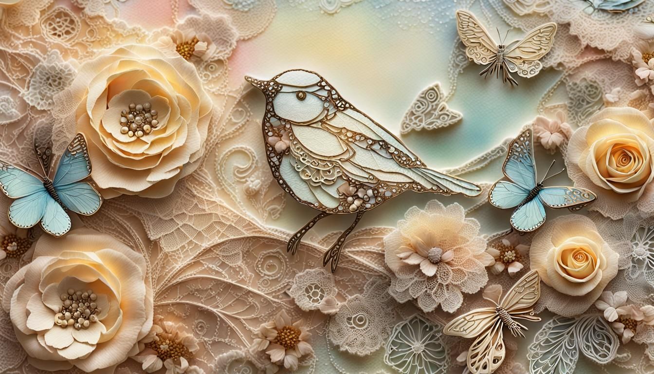 Ethereal Mixed Media Collage of Birds and Flowers