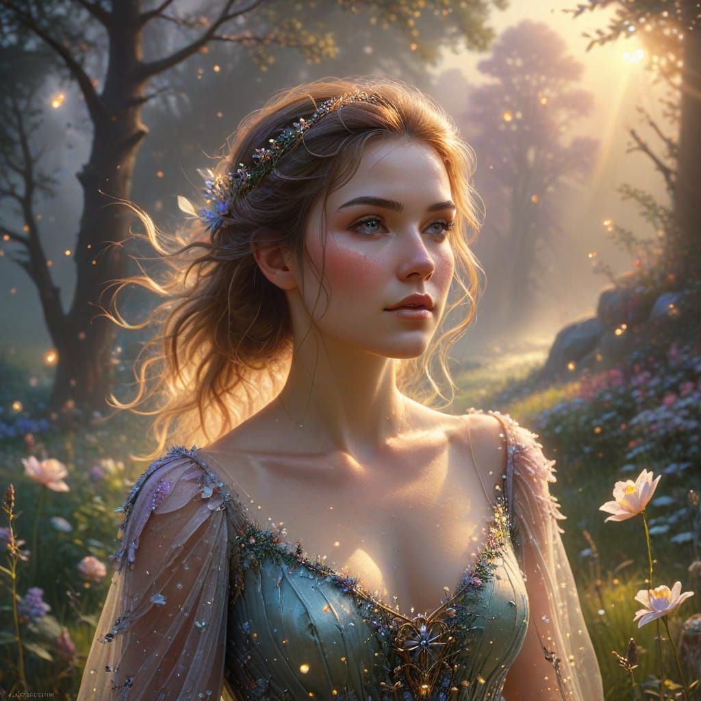 Woman in Misty Meadow: Ethereal Fantasy Portrait