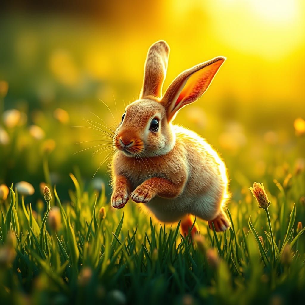 Golden Rabbit Leaps Through Enchanted Meadow