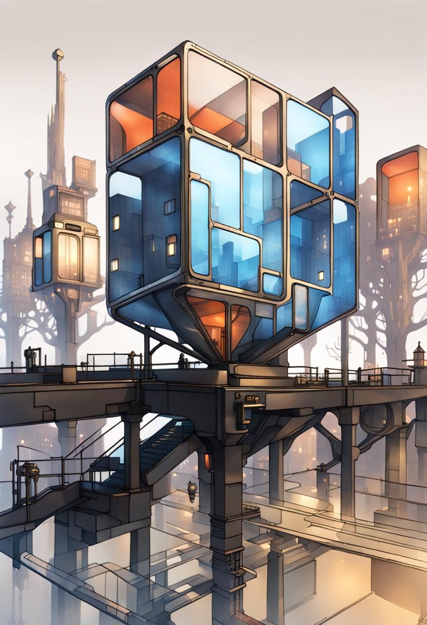 Futuristic Glass City in Steampunk Style