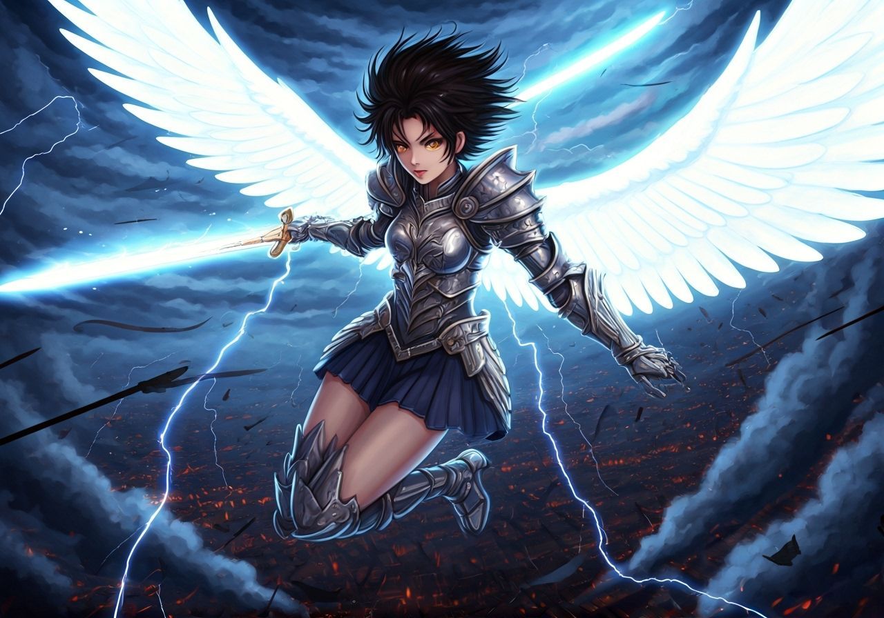 Anime Valkyrie Descends on Battlefield in Dynamic Action