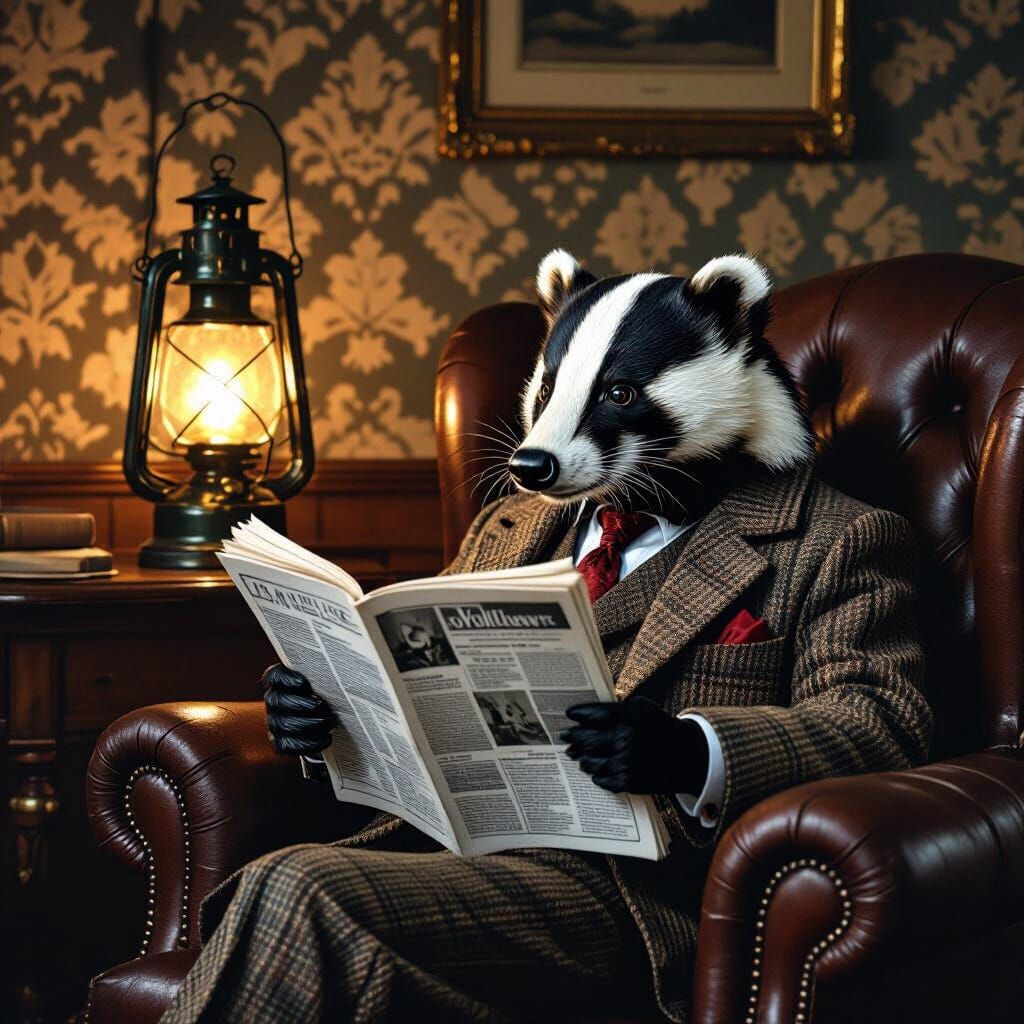 Elegant Badger Reads Newspaper in Noir Style