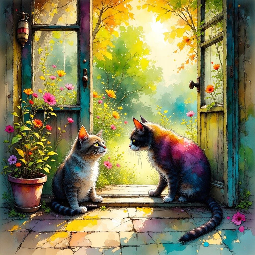 Tense Cat Standoff in Vivid Ink Style