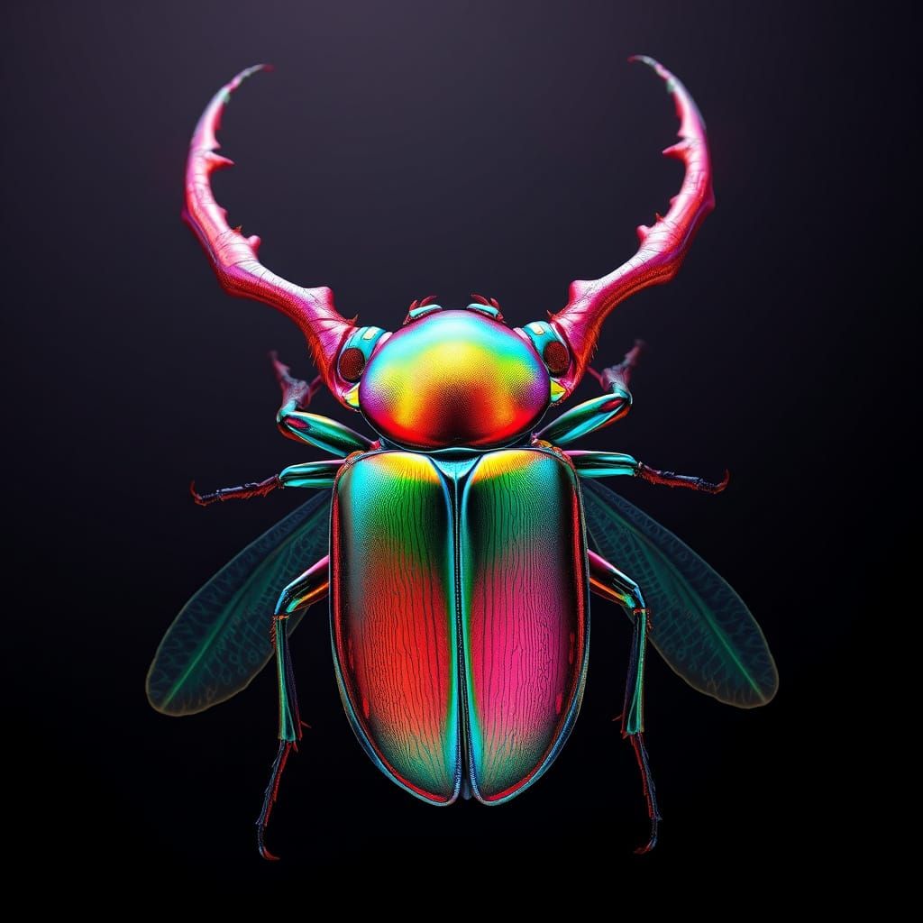 Surreal Rainbow Stag Beetle in Vibrant, Dreamlike Fantasy
