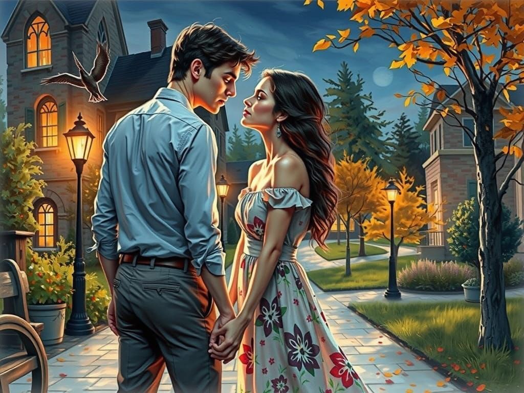 Romantic Moonlight Embrace in Folk Art Style