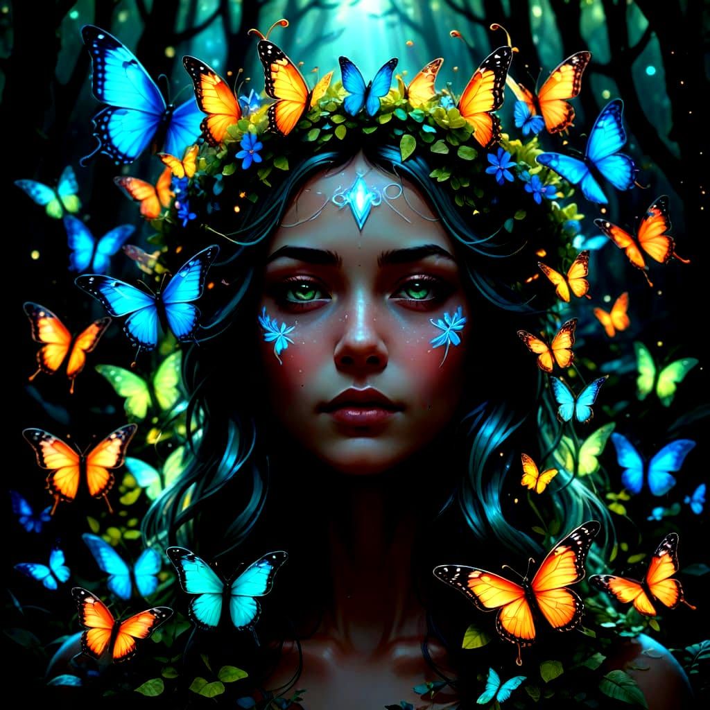 Mythical Forest Spirit Crowned by Bioluminescent Butterflies
