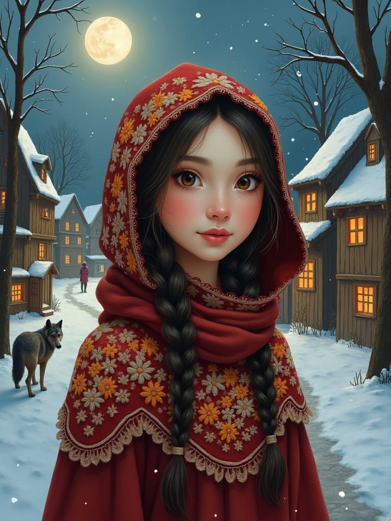 Snowy Village Portrait with Embroidered Scarf