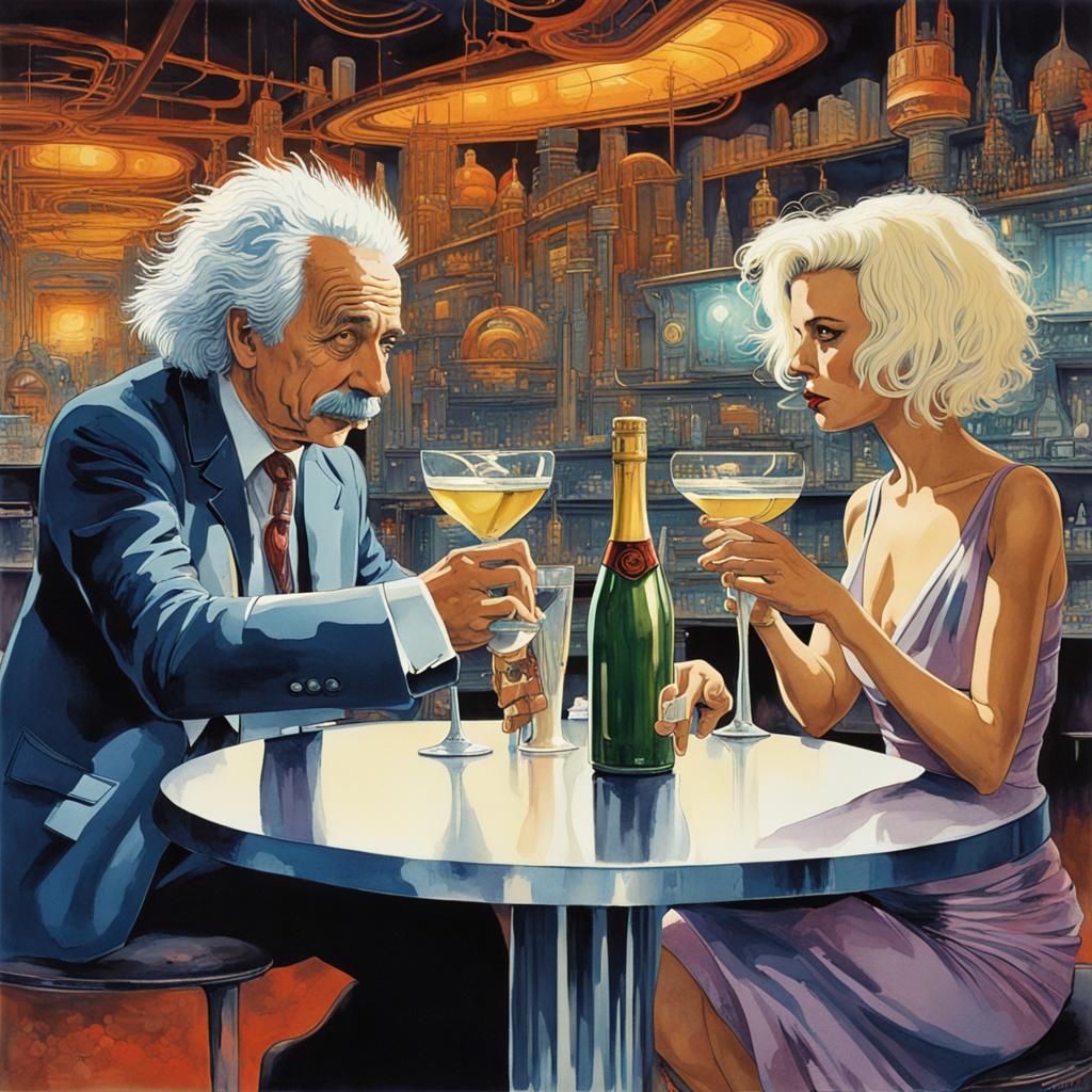 Cyborgs Toasting in a Futuristic City Bar