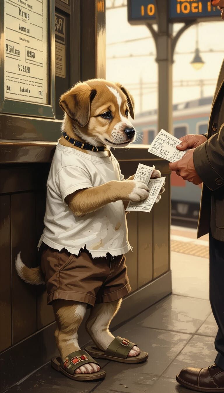 Puppy Buys Train Ticket at Station Counter