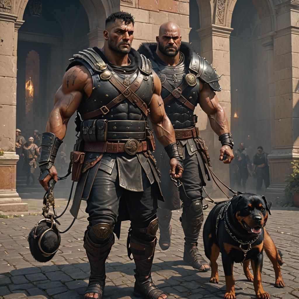 Roman Centurion with Rottweiler in Dark Fantasy Art