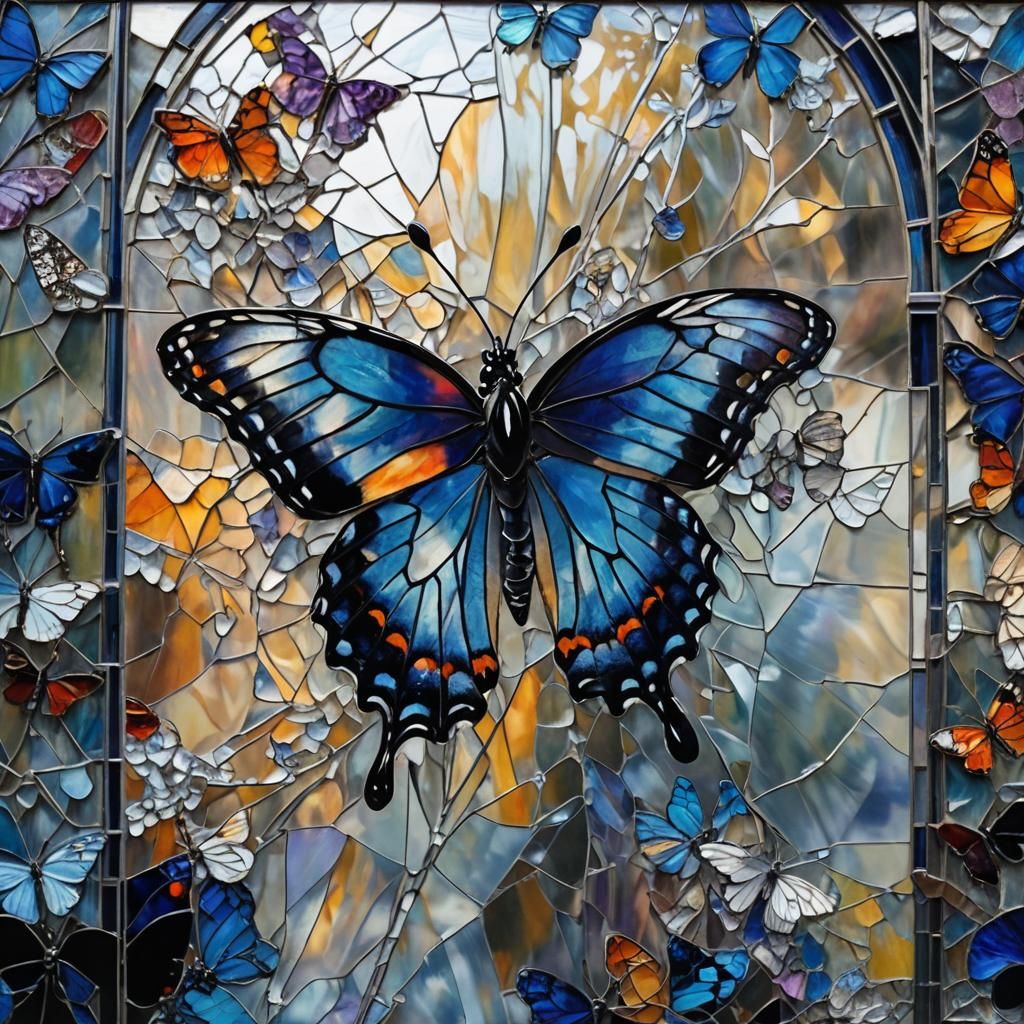 Monarch Butterfly on Stained Glass in Post-Impressionism Sty...