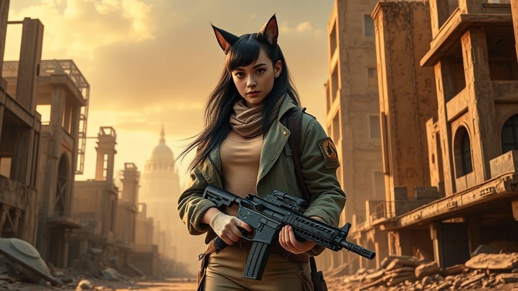 Warrior Girl Amidst Post-Apocalyptic Metropolis Ruins