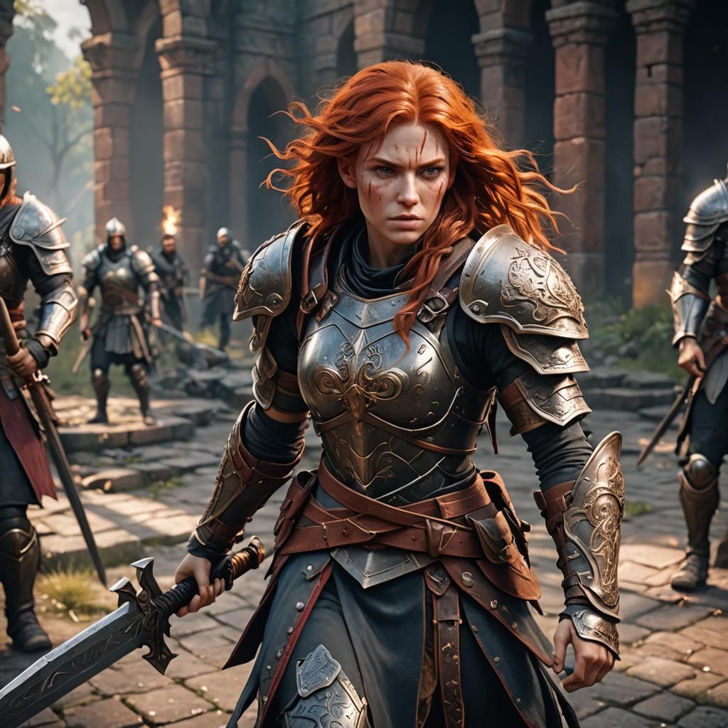 Red-Haired Warrior in 3D Game Cinematic Style