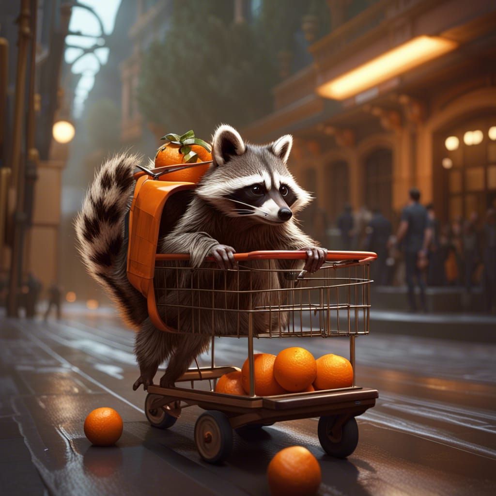 racoon pushing a trolley
