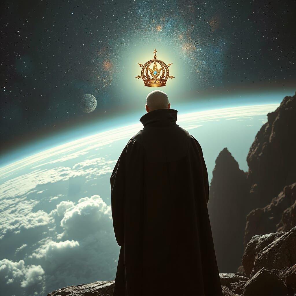 Faceless Deity Watches Earth in Cosmic Abstract Style