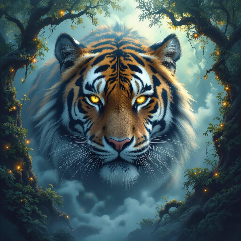 Misty Tiger Face with Enchanted Forest