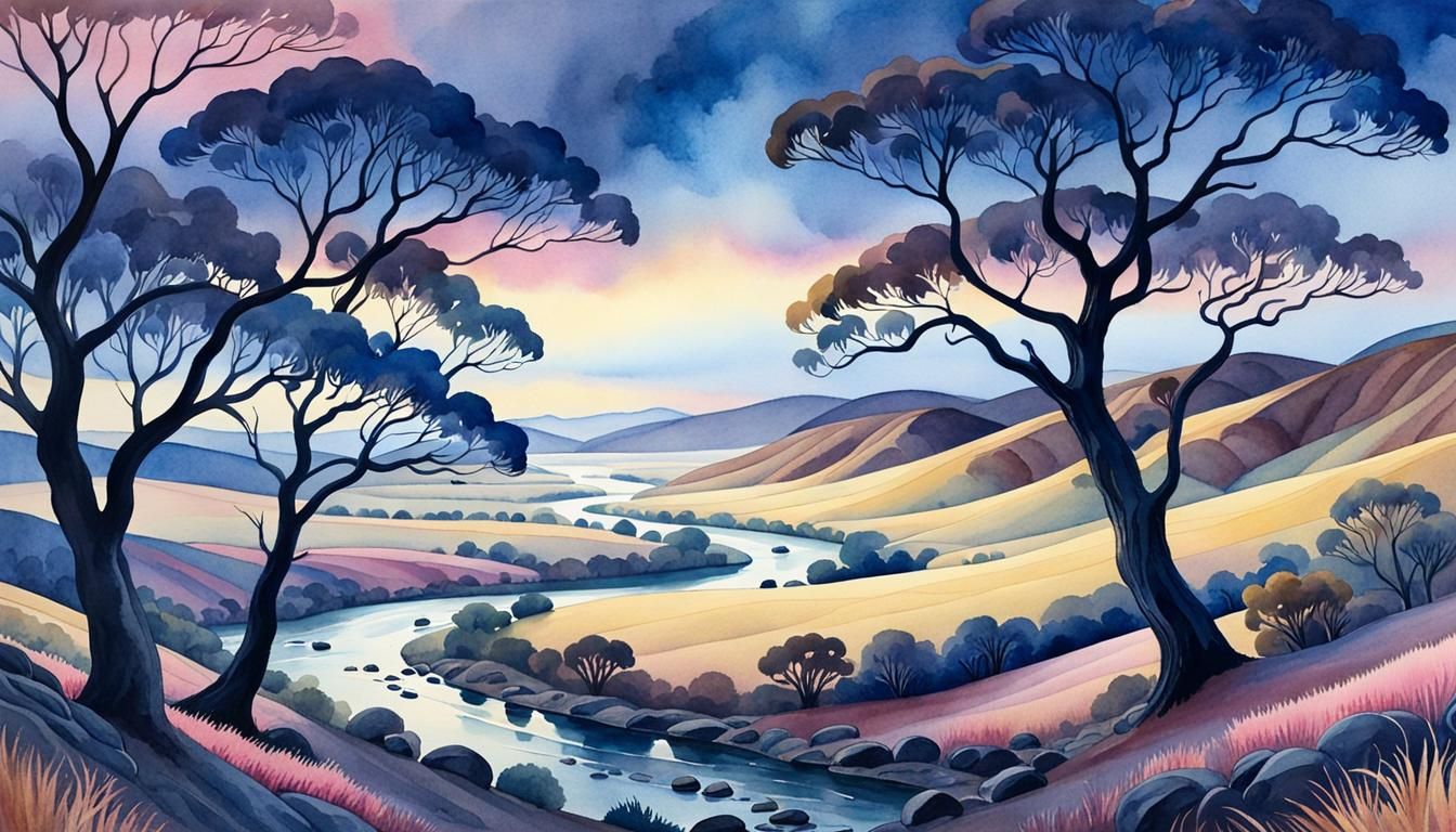 Australian Outback Landscape in Watercolor Style