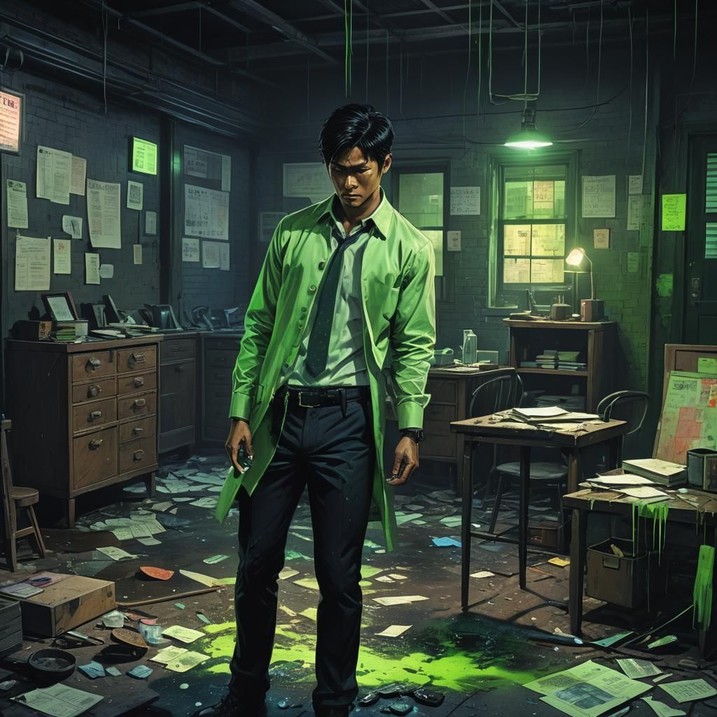 Dark Fantasy Detective Investigates Crime Scene