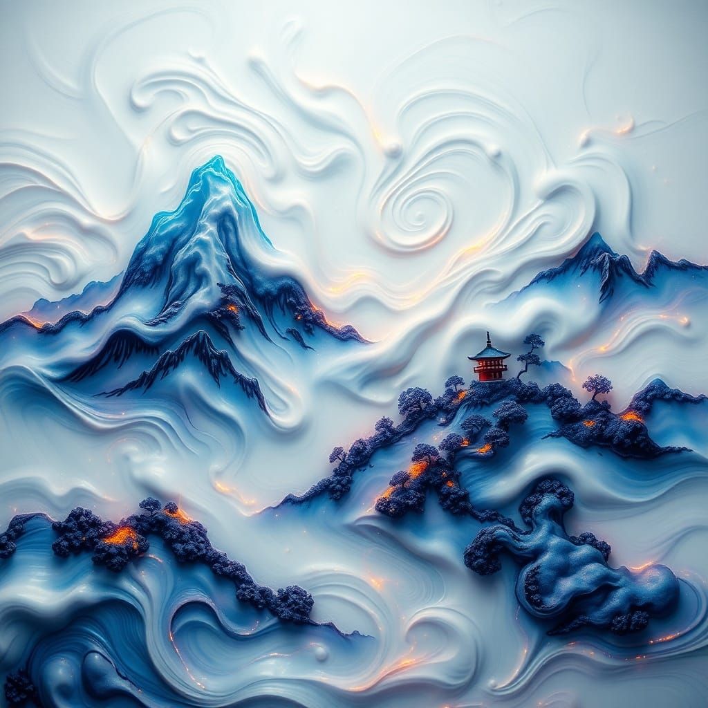 Edo-Style Water Landscape with Ink and Neon Hues