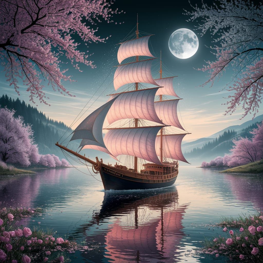 Moonlit Sailboat on Enchanted Lake in Sfumato Style