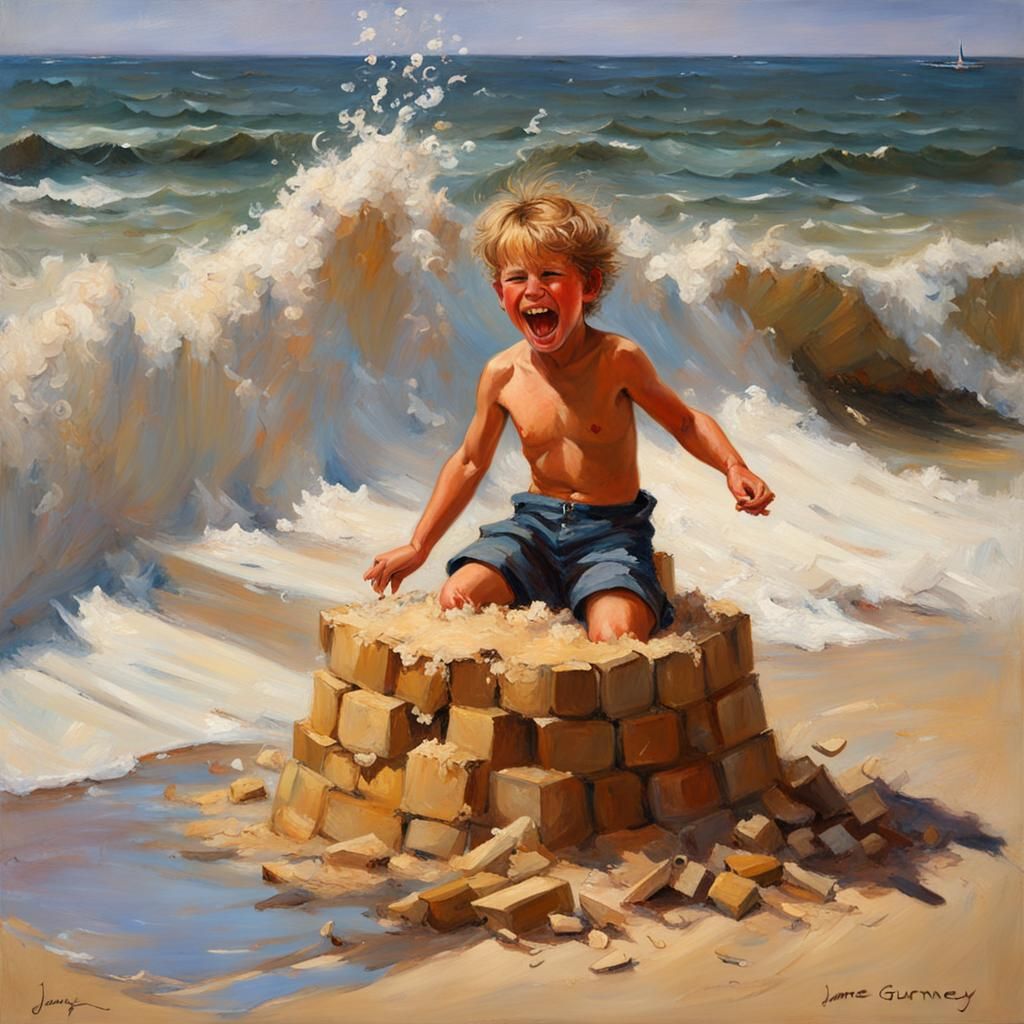 Boy's Joy: Waves Demolish Sandcastle, Gurney Style