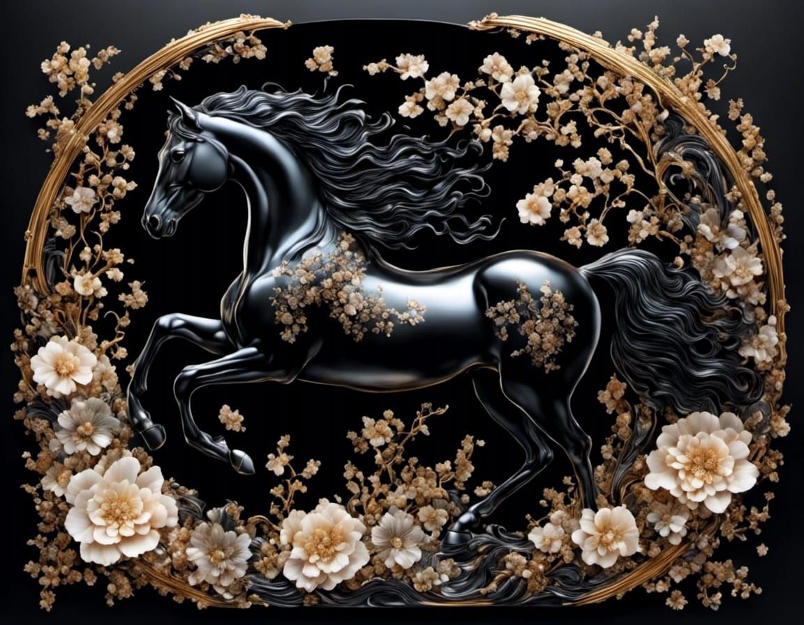 Horse and Flowers in Lacquer Style