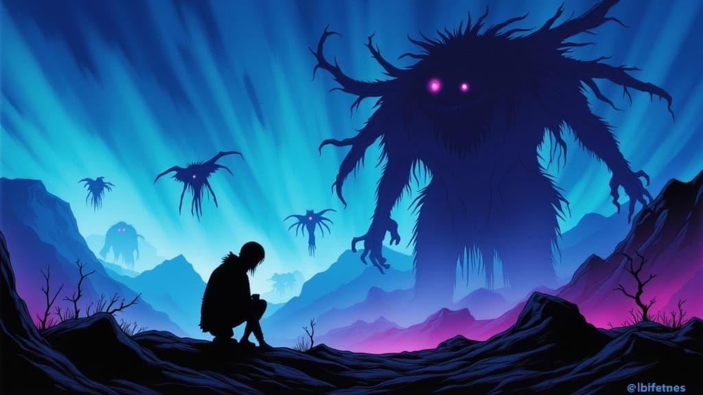 Lone Figure Hiding from Looming Shadow Entities in Comic Sty...