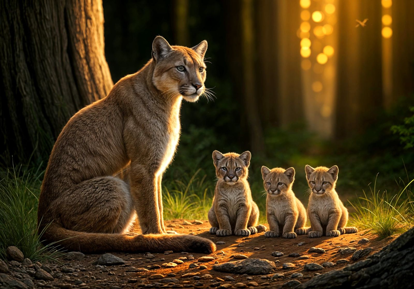 Majestic Puma Watching Over Her Playful Litter