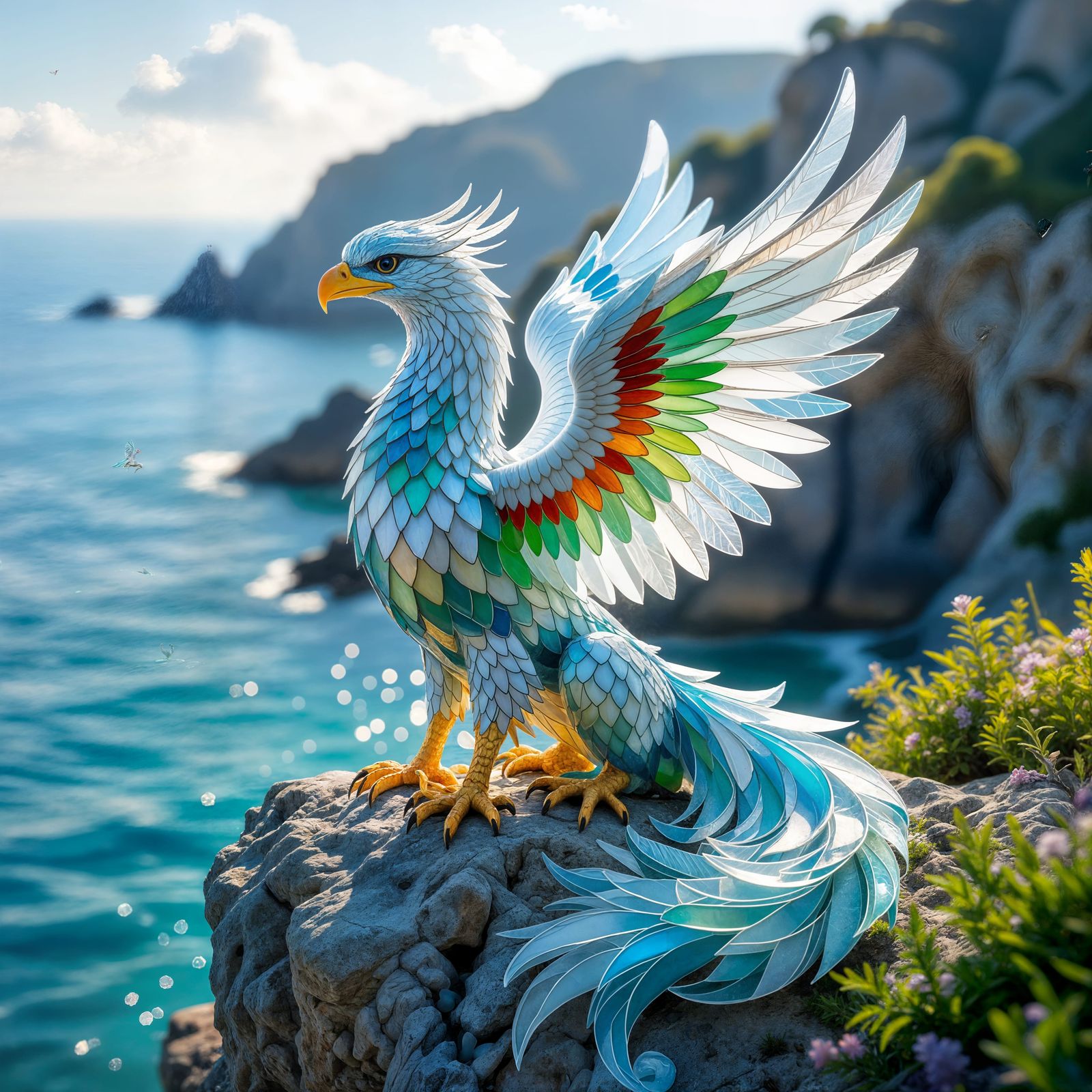 Griffin Sculpted From Sea Glass Overlooking Ocean