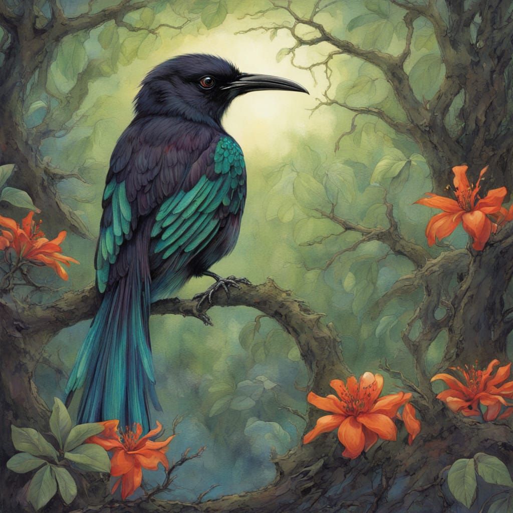 Majestic Pitohui in Lush Fantasy Forest