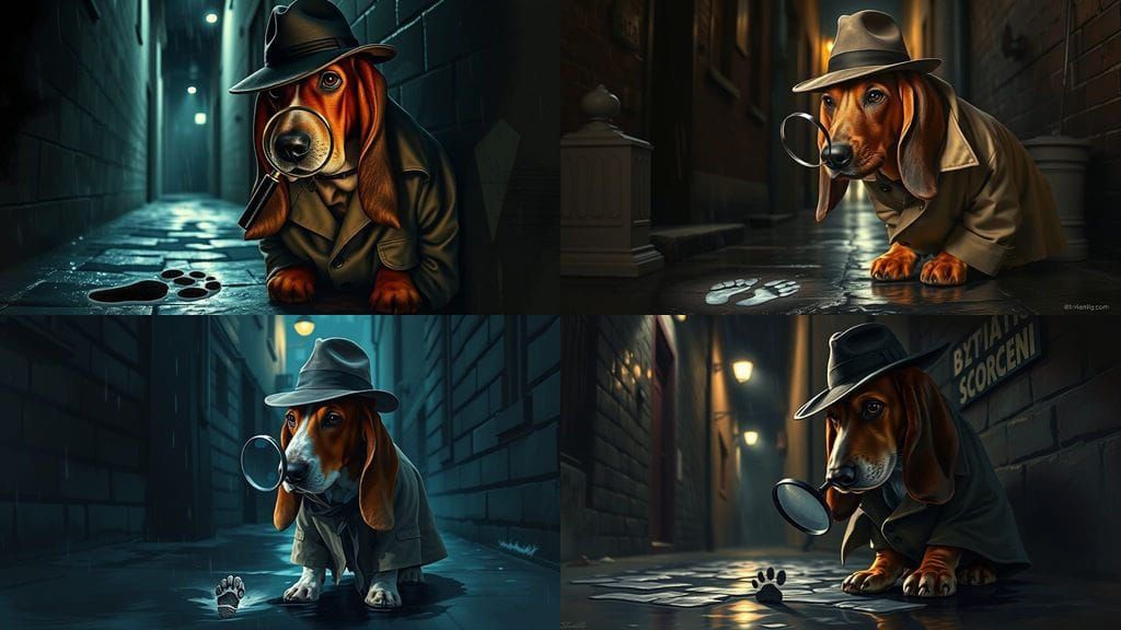 Basset Hound Detective Investigates Footprint in Noir Alley