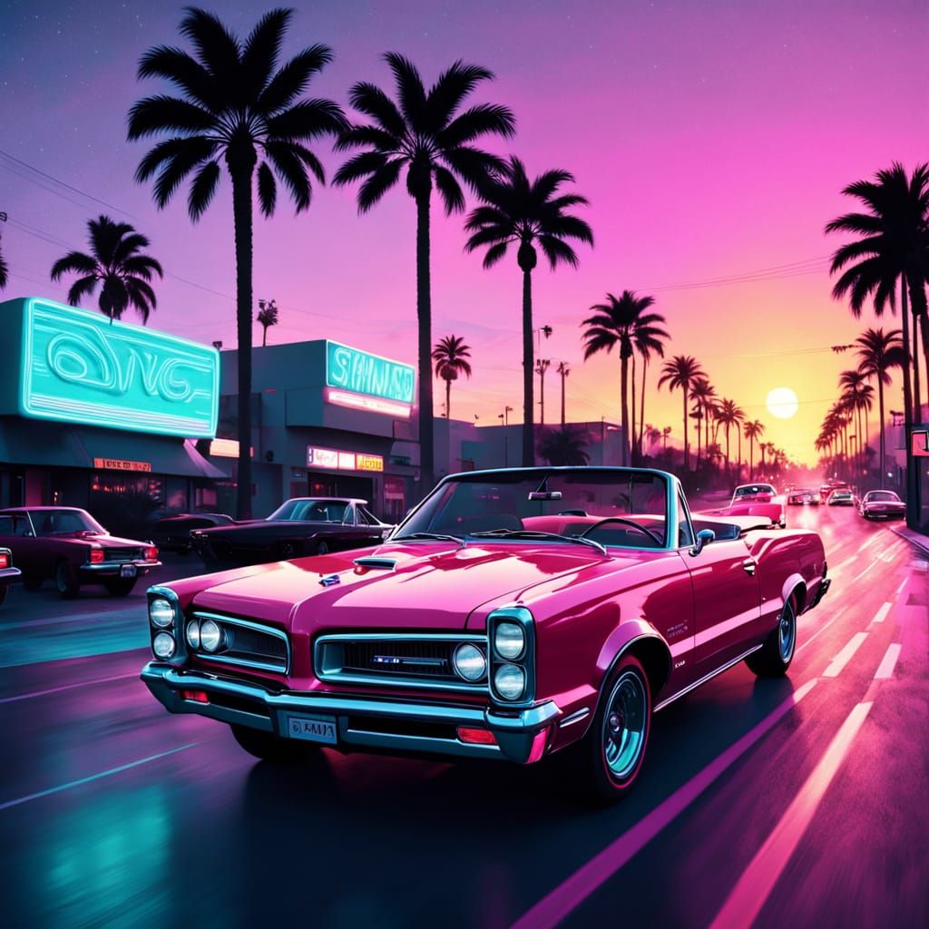 Red 1965 Pontiac GTO on Sunset Boulevard in Vaporwave Style