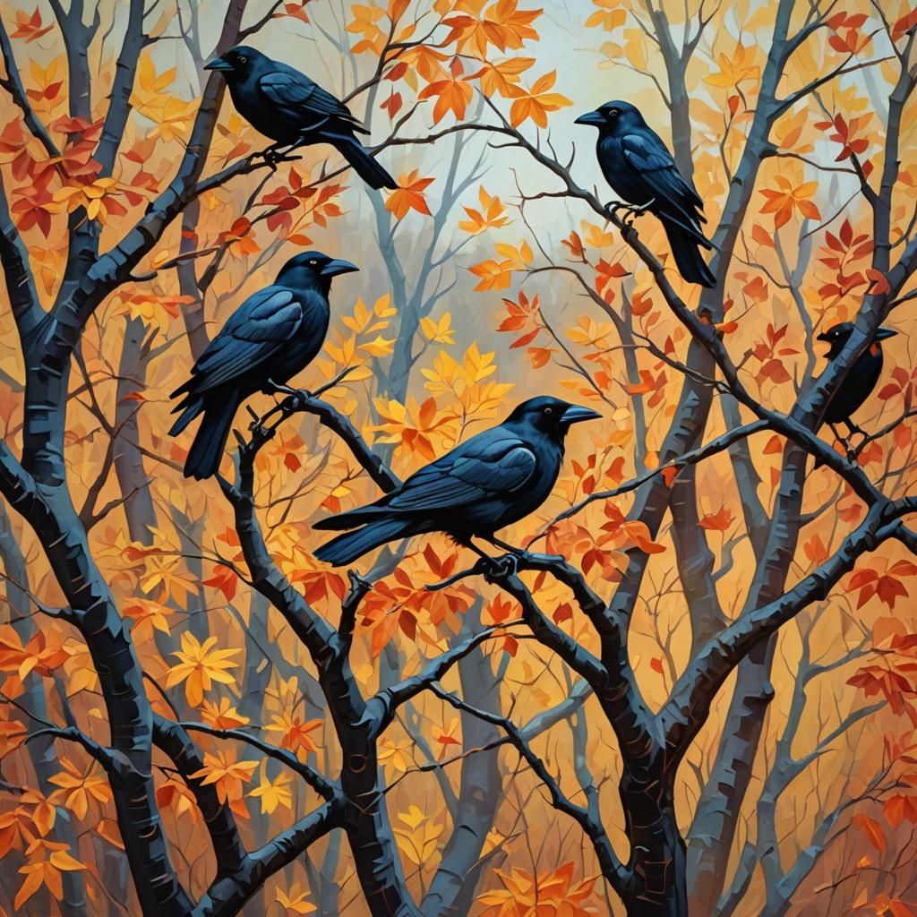 Autumn Crows in Impasto Gouache Landscape