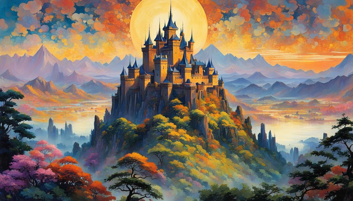 Magical Castle in Fantasy Landscape: Post-Impressionist Styl...