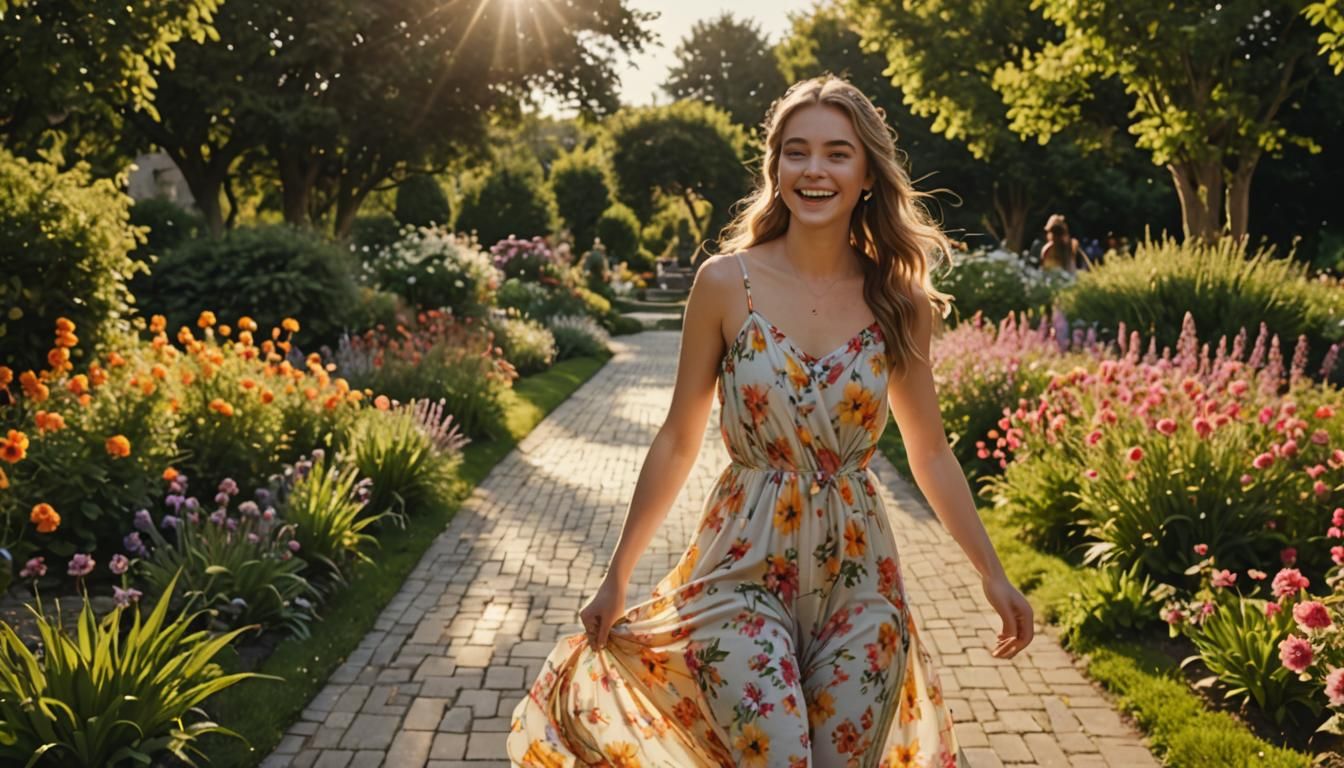 Teen Girl in Flower Garden at Golden Hour