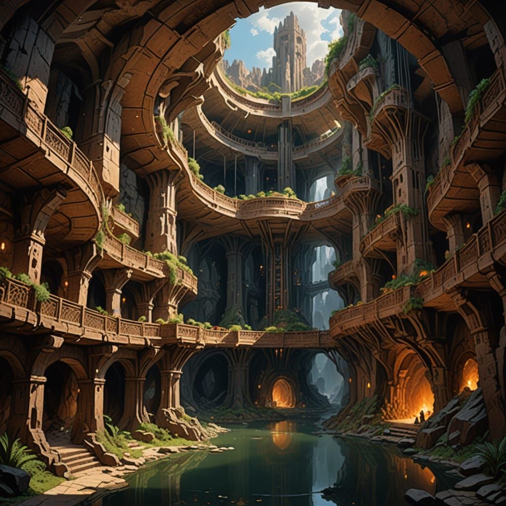 Epic Gouache Painting of Modular Cavern with Rotor Blade Cor...