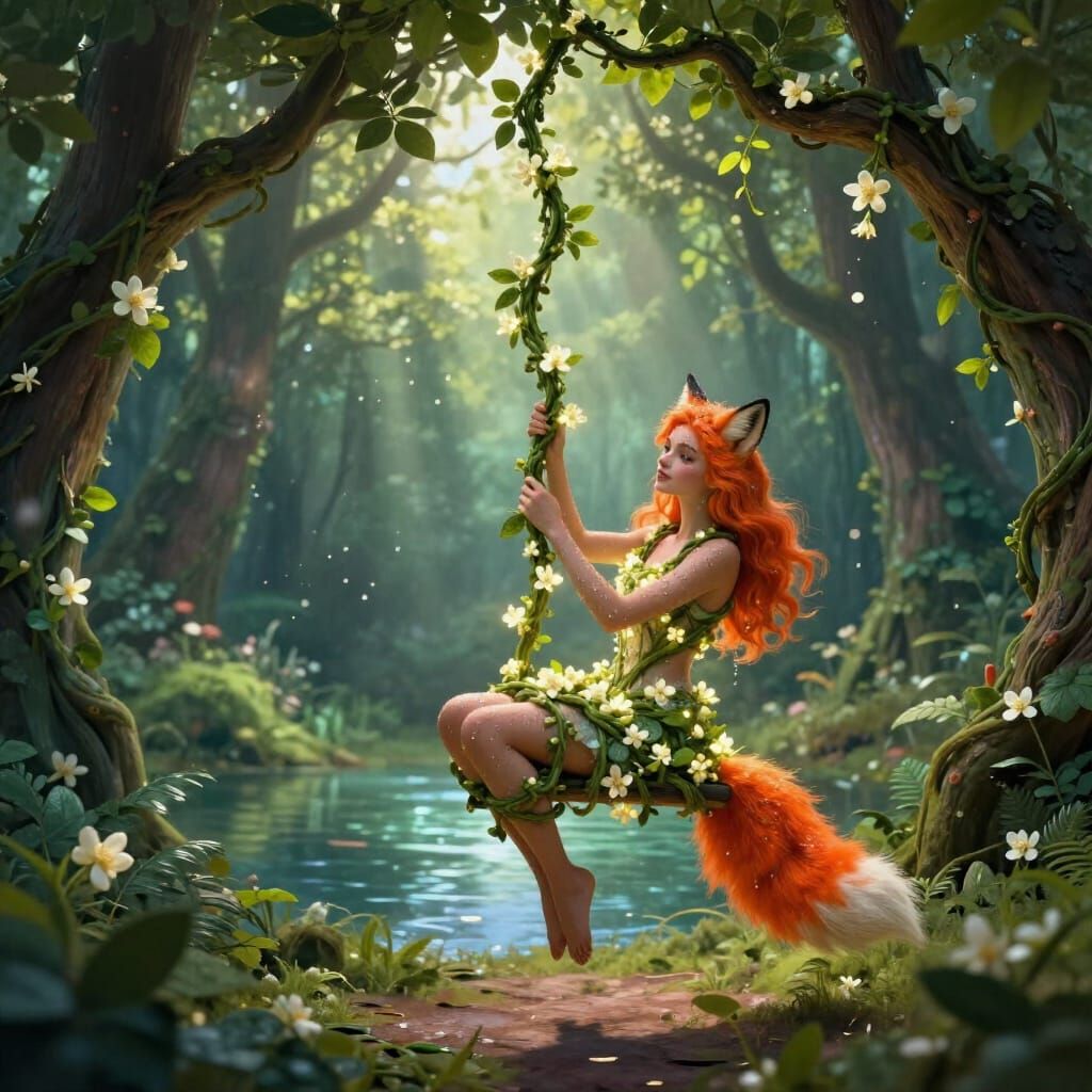 Magical Forest Glen With Woman Swinging on Jasmine Vine
