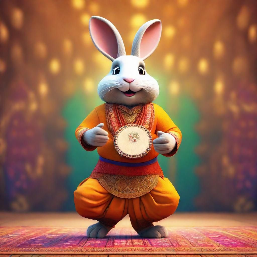 Whimsical Rabbit-Man Playing Tabla in 3D