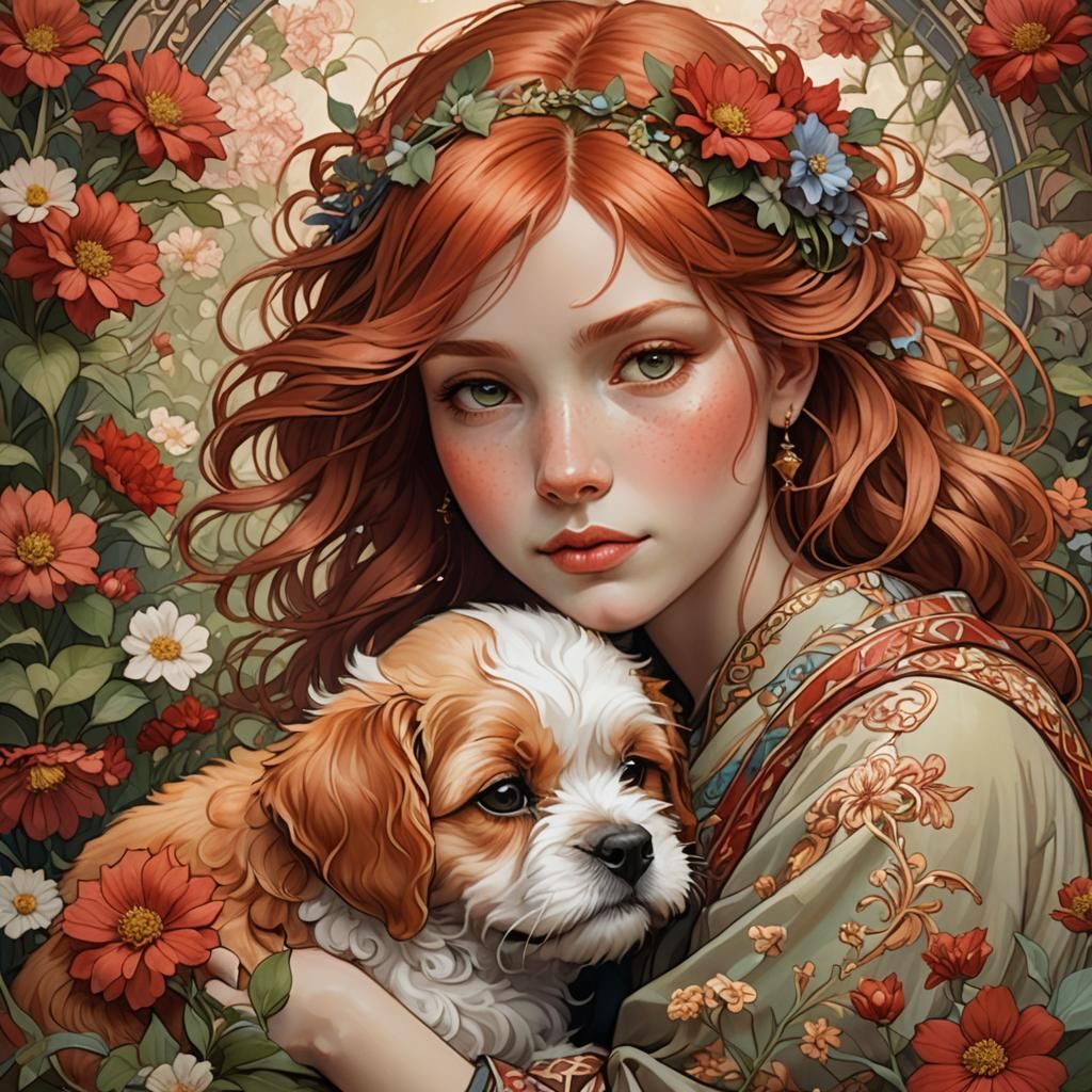 Woman and Shih Tzu Puppy in Garden, Art Nouveau