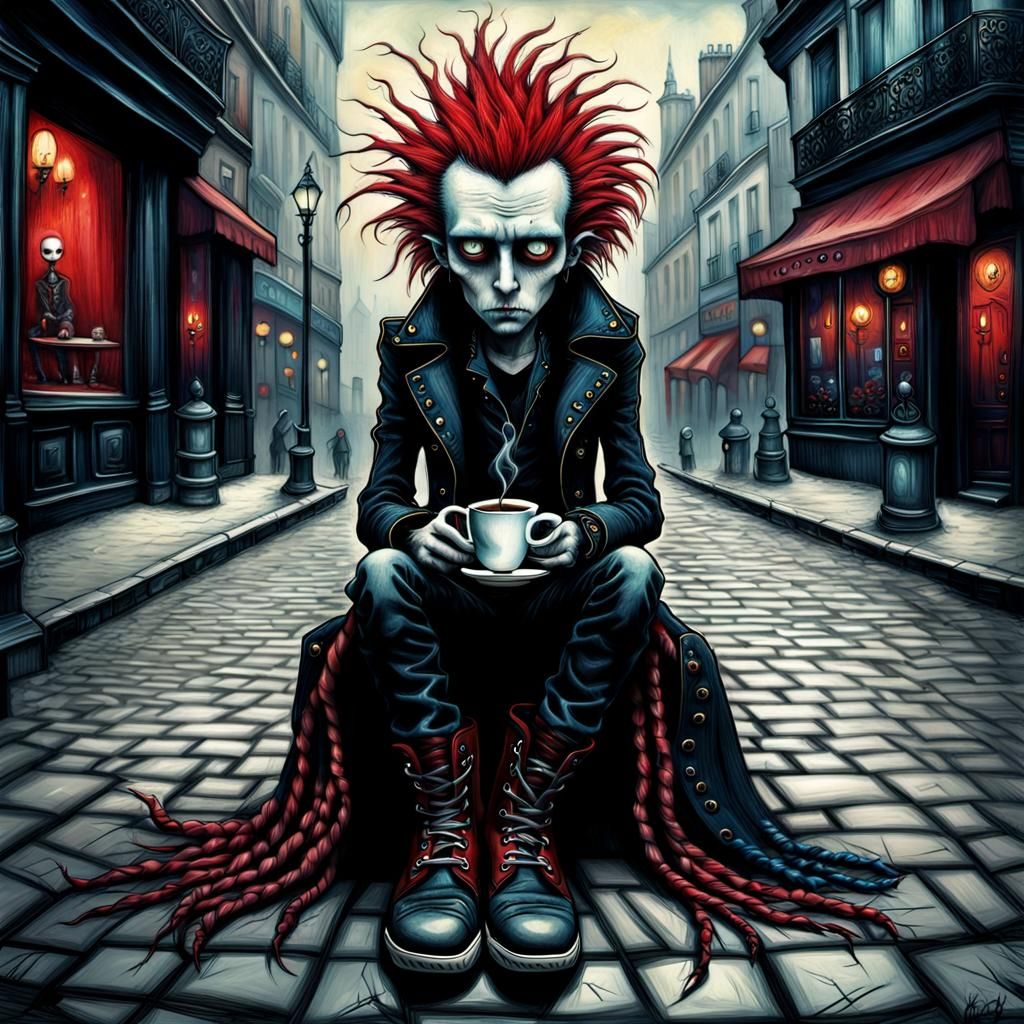 Gothic Punk Rocker in Paris Cafe