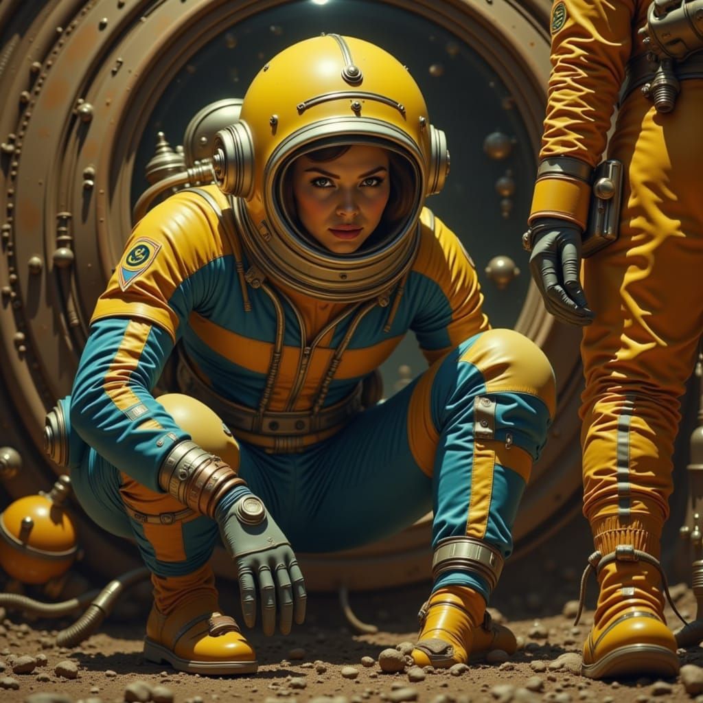 Fallout Vault Dweller in Power Armor, Vintage Futurism